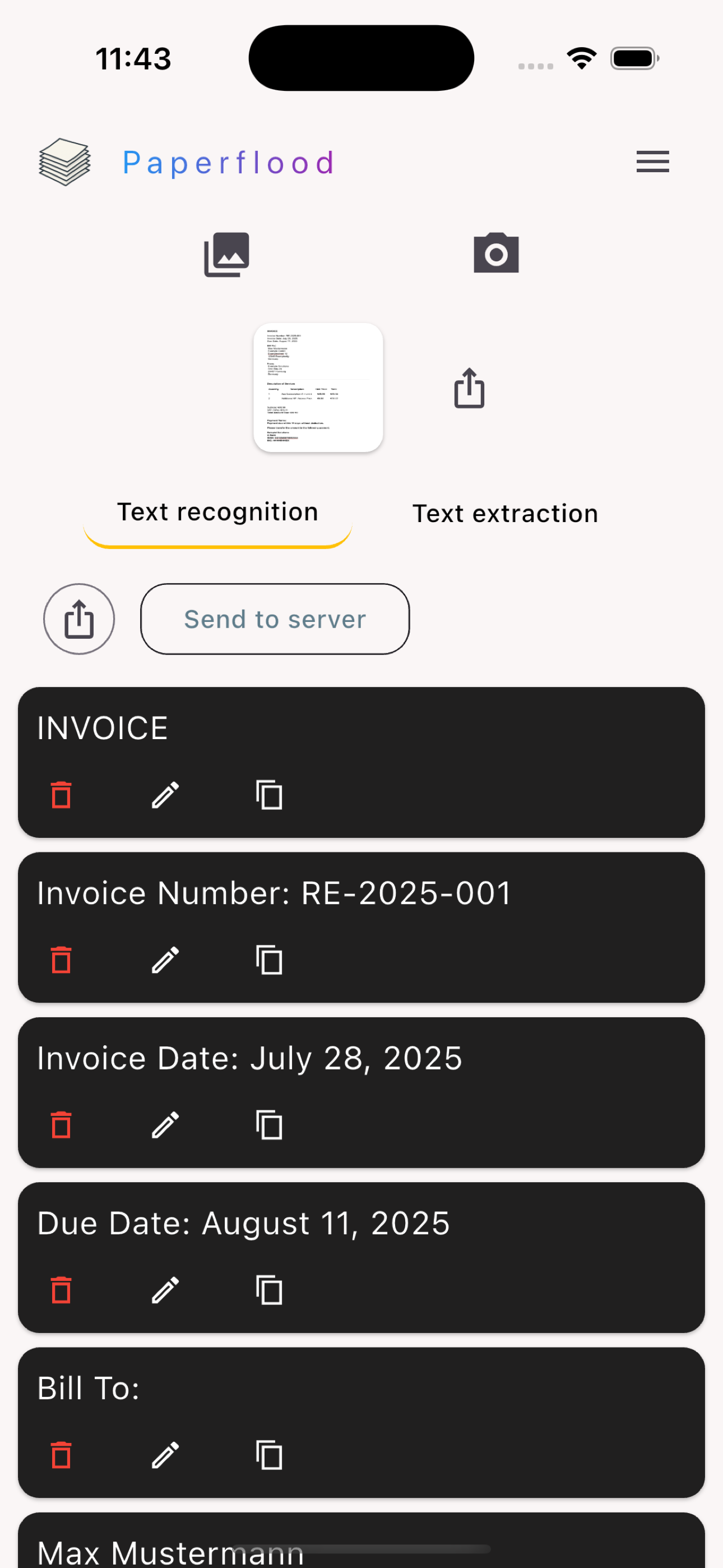 OCR Screen of Paperflood app