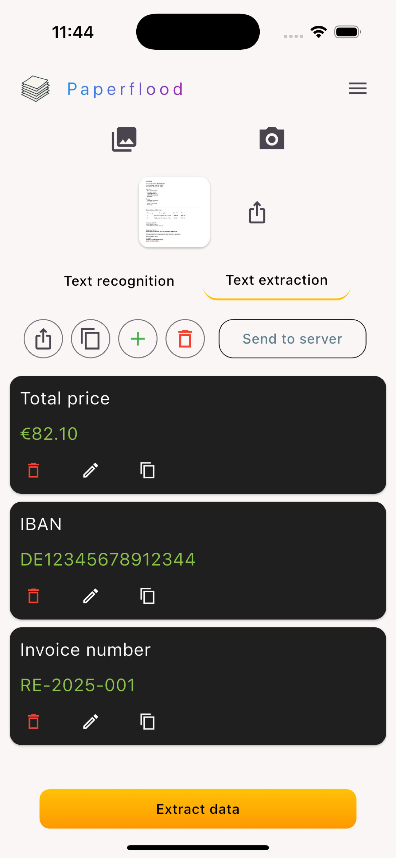 Text extraction Screen of Paperflood app